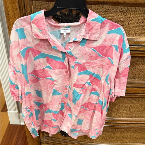 Crown & Ivy Pink and Blue Leaf Print Button Down Shirt - Picture 1 of 3